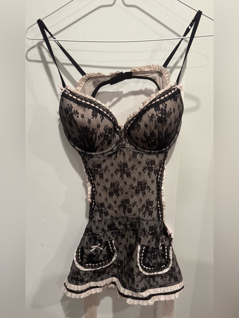 Victoria's Secret black lace French maid lingerie camisole lace ruffle trim 36C